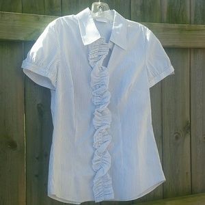 Striped, ruffled short-sleeved white dress shirt